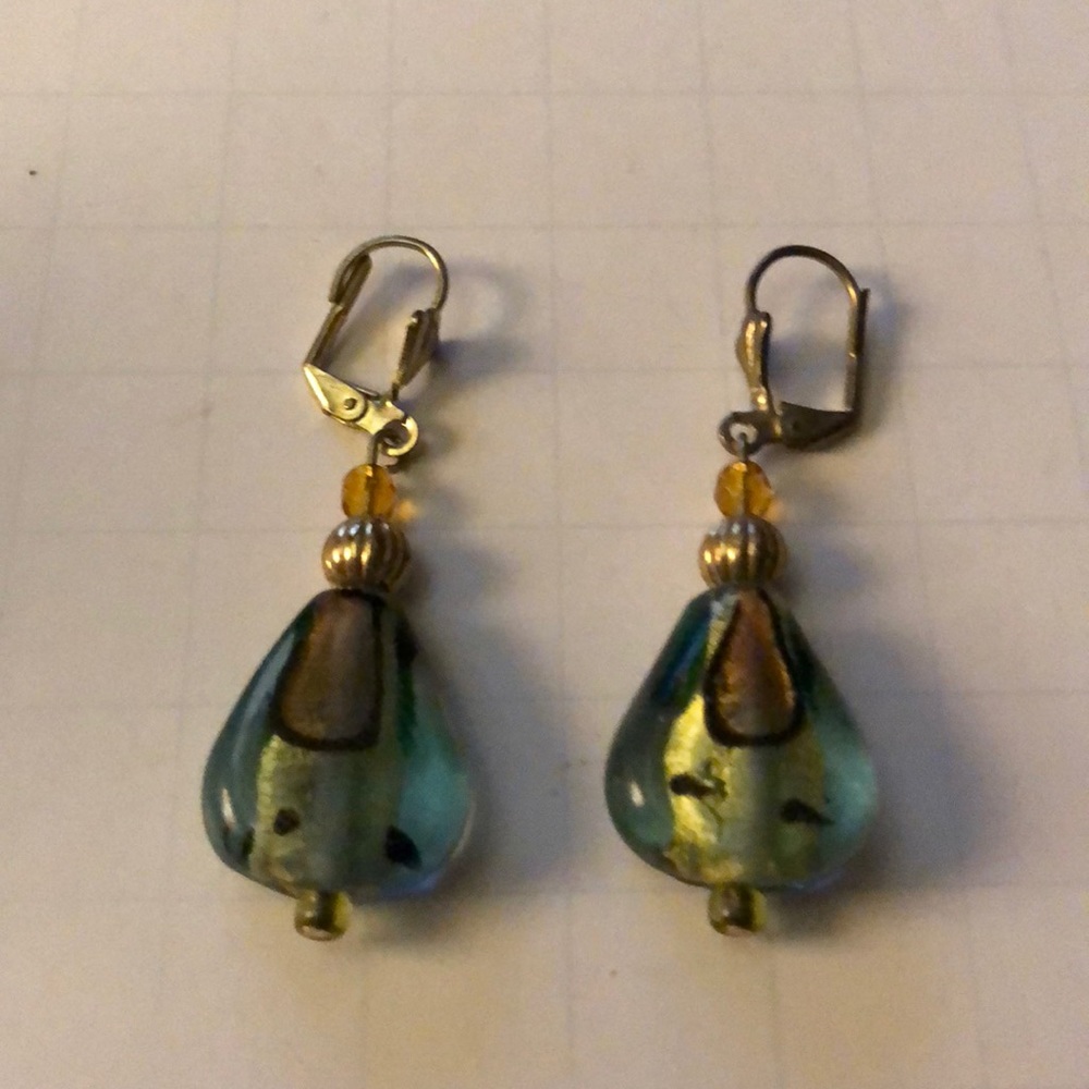 Gold tone clip pierced dangle glass earrings 2”